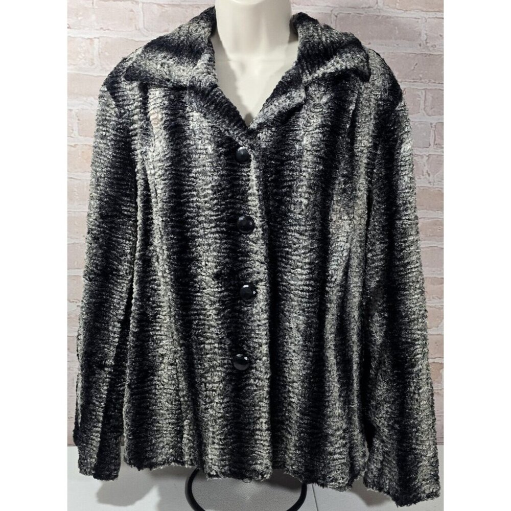 Chico's Sz 3 Faux Curly Fur Jacket Short Black & Gray Ombre Lined Soft Women's L
